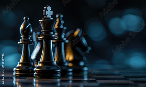 Obraz na płótnie A close up shot of black chess pieces including the king, bishop, and knight on a dark board w salonie