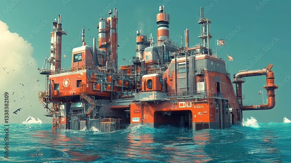 A submerged AI-controlled factory constructing oceanic research stations. A submerged AI-controlled factory constructing oceanic research stations.