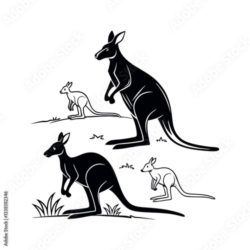 Vector black kangaroo silhouettes with joey, standing and jumping, isolated on white