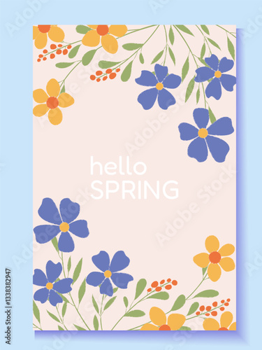 Spring Floral Illustration with Blue and Yellow Flowers, Green Leaves, and "Hello Spring" Typography on a Beige Background. Perfect for Seasonal Greeting Cards, Invitations vector