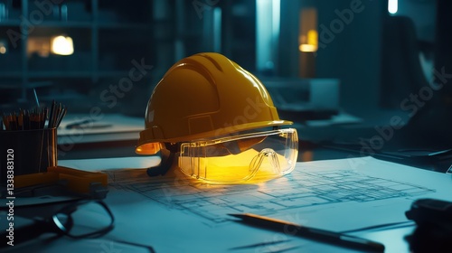 A close-up of a yellow safety helmet and safety glasses on a desk surrounded by blueprints and planning tools, symbolizing secure office planning.