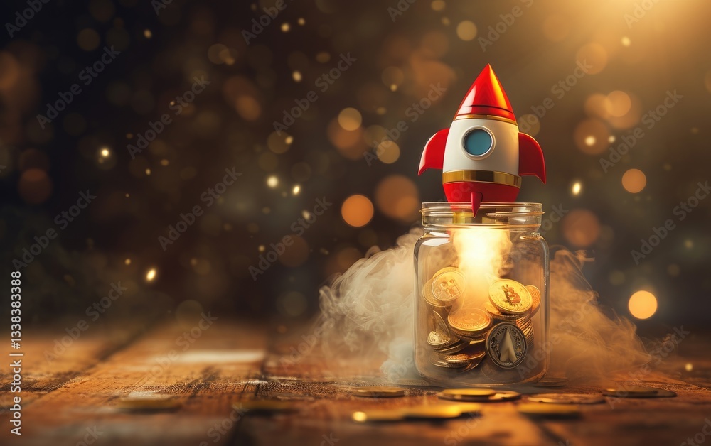 Rocket Launching From A Jar with Gold Coins. Investment growth.