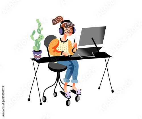 A young individual engages in work at a modern desk setup, wearing headphones and using a computer. A potted plant adds a touch of nature, creating a vibrant workspace atmosphere.