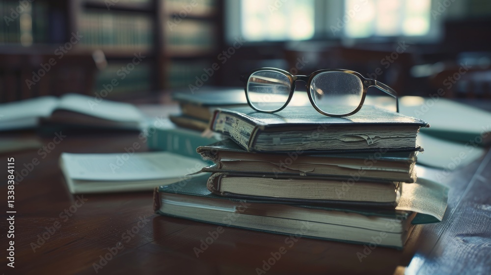 Eyeglasses rest on a stack of old books