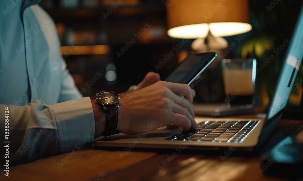 A close-up a man working late at night on his laptop and smartphone.