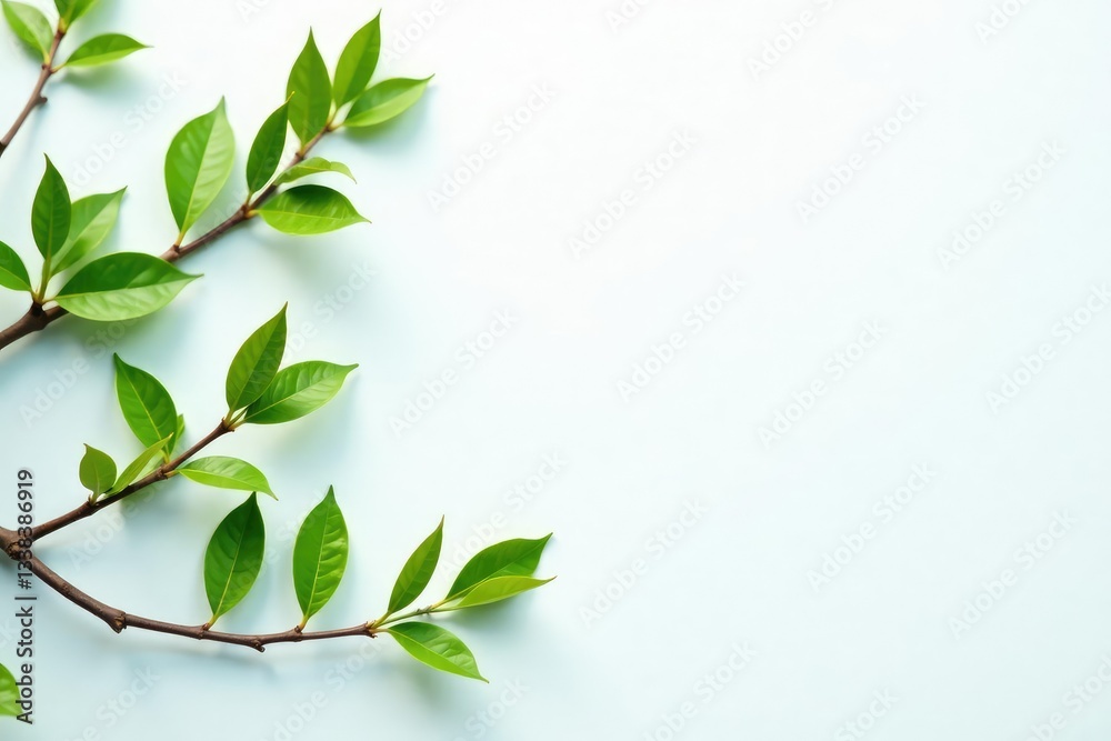 Fototapeta premium Pale green and brown branches scattered across a pristine white background, contrast, branches