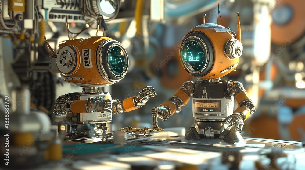 Space robots manufacturing satellite components in a high-tech facility. Space robots manufacturing satellite components in a high-tech facility.