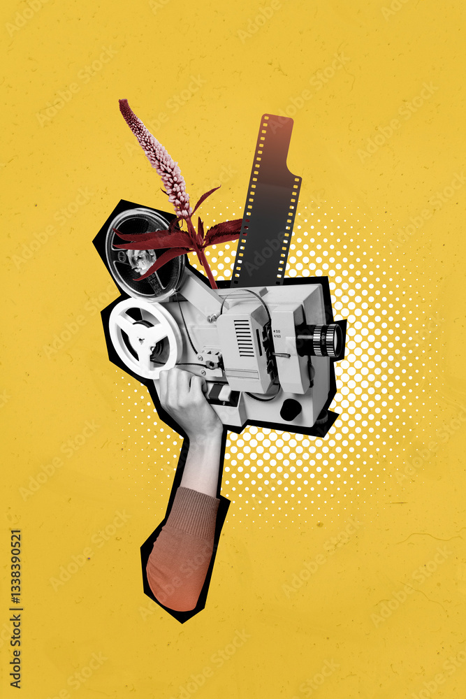 Fototapeta premium Composite 3D collage trend artwork template design of plant flower nature silhouette hand hold camera film tape record movie producer