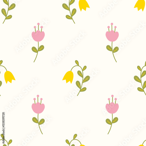Simple Wildflowers Seamless Pattern. Cute tulip and bell flower background in flat style. Pastel colored floral ornament for greeting card, children, textile, wallpaper