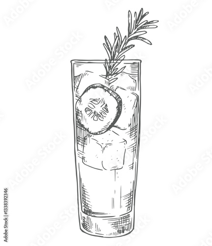 Gin tonic cocktail, vector illustration in sketch style.