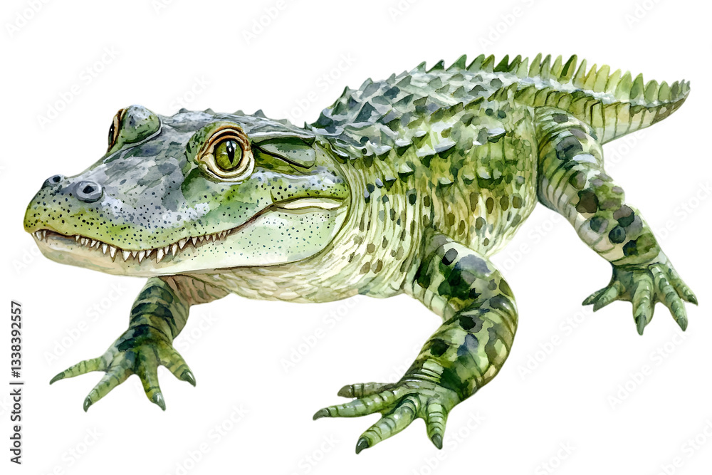 Obraz premium Watercolor Illustration of Green Caiman with Detailed Scales on Transparent Background Isolated Reptile Animal Artwork Wildlife South America
