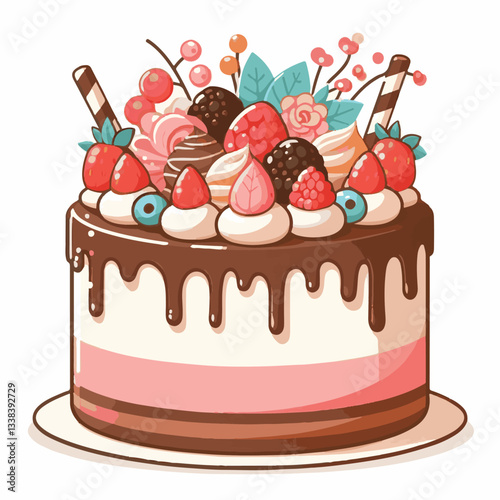 cake, vector, celebration, illustration, birthday, pink, design, cute, decoration, party, vintage, dessert, background, colorful, wedding, card, sweet, set, delicious, romantic, holiday, chocolate, el