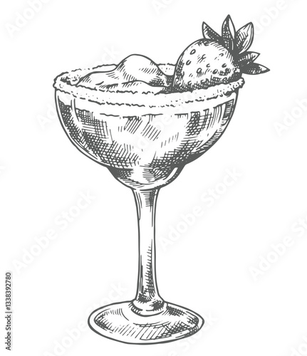 strawberry daiquiri cocktail, vector illustration in sketch style.