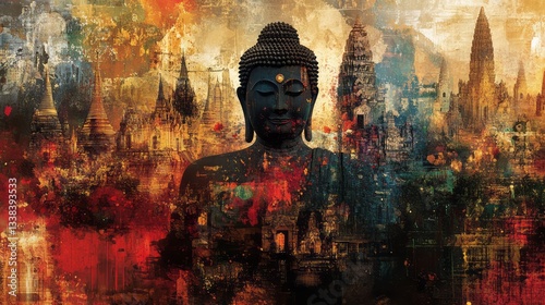 Wallpaper Mural Buddha statue displayed within an abstract landscape painting style Torontodigital.ca