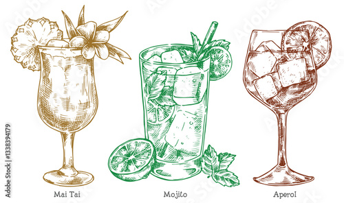 set of alcoholic cocktails, vector illustration in sketch style