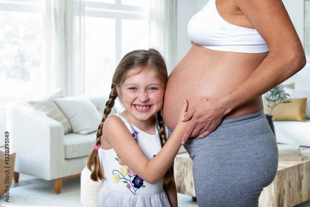 A cute, happy daughter listening to the belly of her pregnant mother in anticipation of her brother or sister