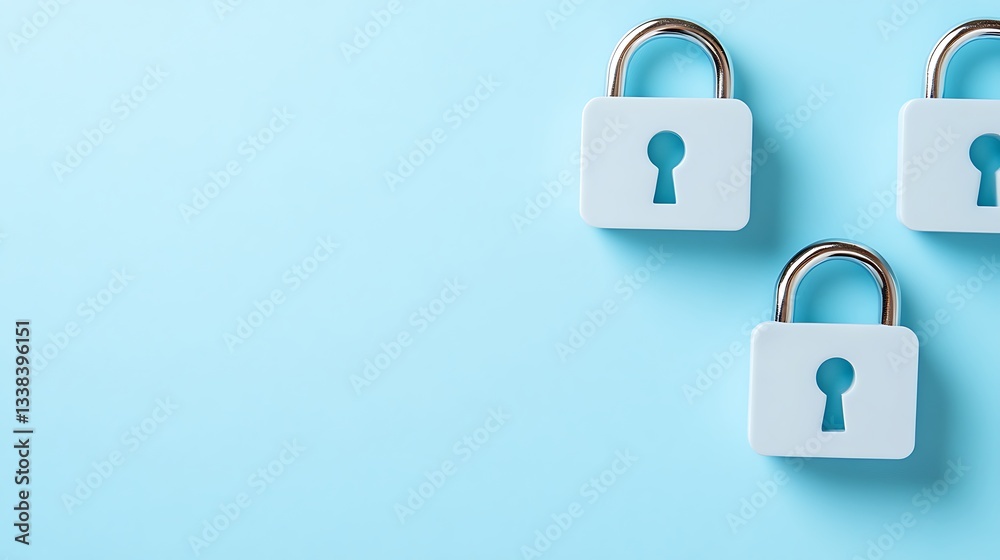 Three White Combination Locks on a Bright Blue Background for Security and Protection Concepts