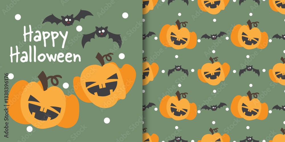 Halloween banner and seamless pattern of Halloween pumpkins with cute bats and Happy Halloween text on green background. Halloween banner and seamless pattern of Halloween pumpkins with cute bats and Happy Halloween text on green background.