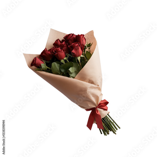 A beautiful bouquet of six splendid red roses elegantly wrapped in beige paper tied with a vibrant red ribbon, creating a stunning presentation for any occasion. photo