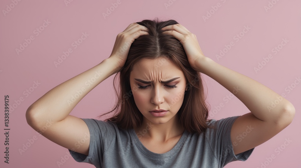 young woman with brown hair wearing a gray shirt. She is holding her hands on both sides of her head, expressing discomfort, stress, or possibly a headache. The background is a solid light pink color young woman with brown hair wearing a gray shirt. She is holding her hands on both sides of her head, expressing discomfort, stress, or possibly a headache. The background is a solid light pink color