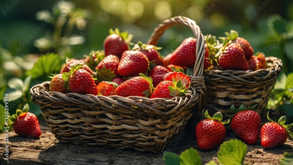 A vibrant pile of fresh strawberries in a rustic basket, with a blurred green background of strawberry plants in the garden under sunlight. A vibrant pile of fresh strawberries in a rustic basket, with a blurred green background of strawberry plants in the garden under sunlight.
