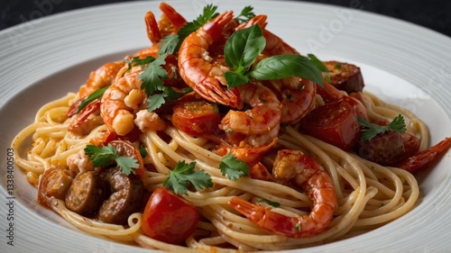 Spaghetti with Pepper Cream, Chorizo and Shrimp