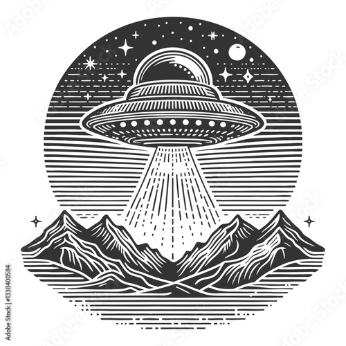 UFO hovering over a city, emitting bright beams of light in a dramatic scene sketch engraving generative ai vector illustration. Scratch board imitation. Black and white image.