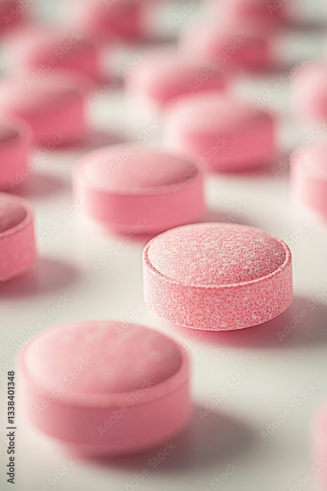 Macro view of pink pills on white background for online pharmacy and treatment Macro view of pink pills on white background for online pharmacy and treatment
