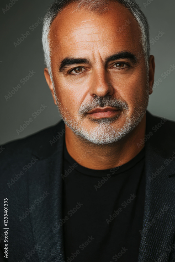 Confident middle aged man in black suit with stylish haircut and strong gaze in professional portrait Confident middle aged man in black suit with stylish haircut and strong gaze in professional portrait
