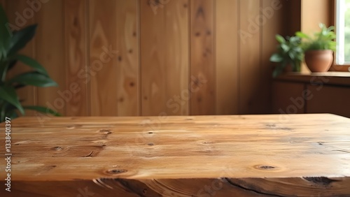 Subtle Organic Ambiance Empty Wooden Table with Natural Grain Texture and Golden Reflections
