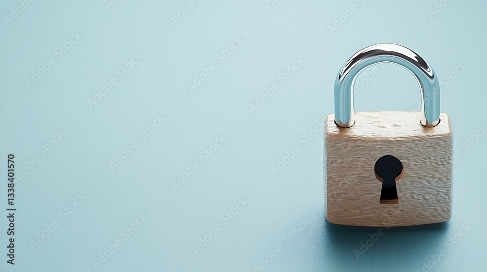 Wooden padlock with shiny metal shackle on blue background representing security and protection concept Wooden padlock with shiny metal shackle on blue background representing security and protection concept