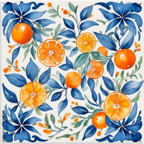 Watercolor Orange with leaves seamless pattern on white background