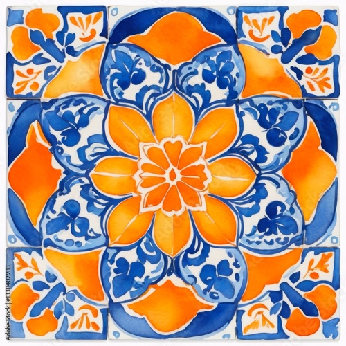 Watercolor Orange Blue Tile Pattern on White Background Wallpaper Backdrop