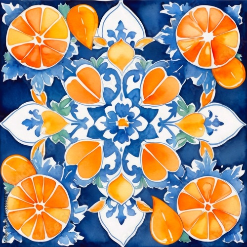 Watercolor Orange Blue Tile Pattern on White Background Wallpaper Backdrop