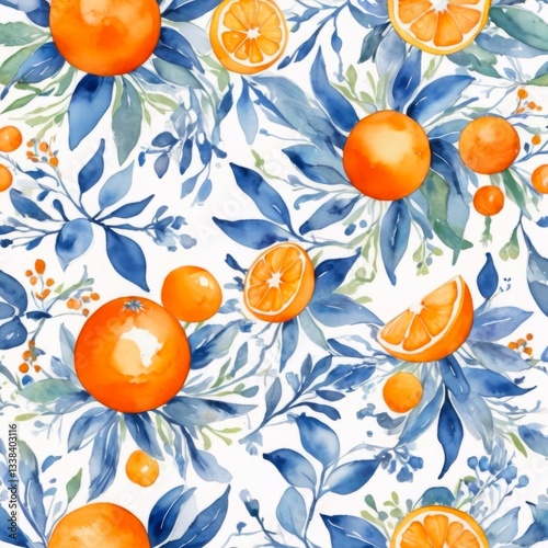 Watercolor Orange with leaves seamless pattern on white background