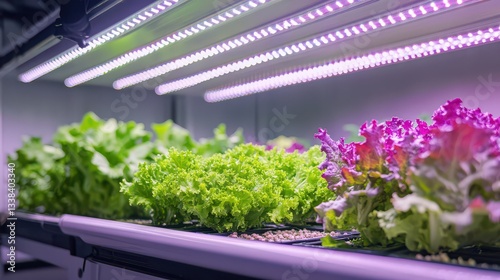 Inside a futuristic greenhouse, LED grow lights shine on vibrant lettuce and kale, highlighting the advanced hydroponic system used for plant growth.