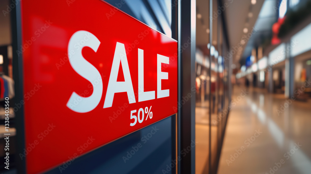 Bright red 50% off sale sign in modern shopping mall. Retail Promotion, Discount Concept