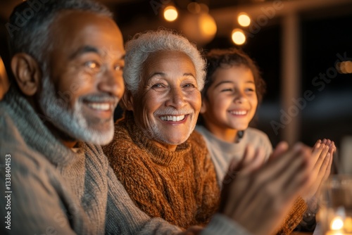 Elderly couple and granddaughter enjoying a cozy evening together with laughter and joy at a warm gathering