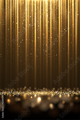 Golden silk fabric luxury background. Gold vertical draped satin cloth texture curtain on glitter confetti floor. Smooth shiny drape material curtain. Realistic modern vector banner.