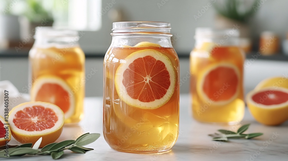 Refreshing fruit infused drinks with sliced grapefruit in jars Refreshing fruit infused drinks with sliced grapefruit in jars