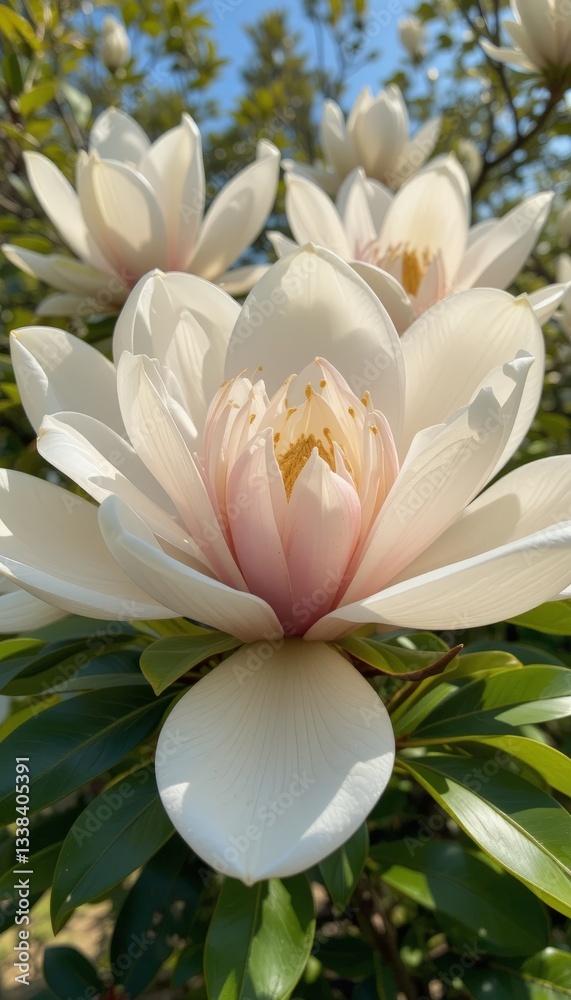 Fototapeta premium Close-up of large, white magnolia flowers in full bloom, showcasing delicate petals and rich green leaves, evoking freshness and beauty.