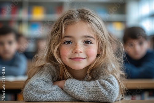 Young girl smiling warmly in classroom filled with students focused on learning