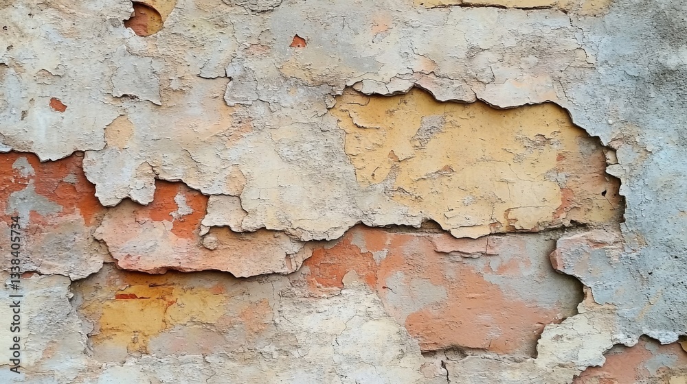 Fototapeta premium Weathered Wall Texture Shows Peeling Paint And Brick