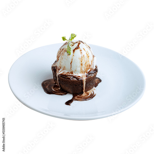 Chocolate brownie with vanilla ice cream and chocolate sauce