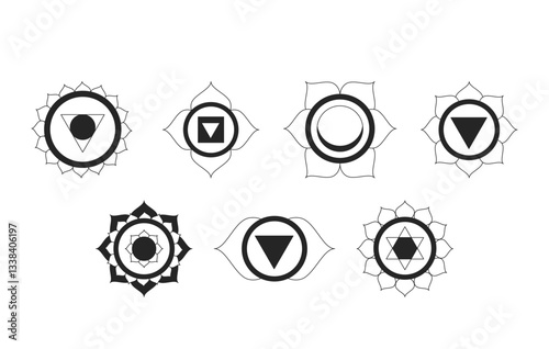 Seven chakra symbols 2D line objects set. Spiritual sacred geometry. Holistic alternative healing energy centers isolated cliparts vector ink outline items. Monochrome spot illustrations collection