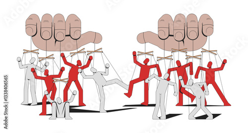 Totalitarianism manipulation with puppets strings 2D illustration concept. Psychological propaganda. Puppeteer controlling people cartoon characters isolated on white. Flat abstract vector graphic
