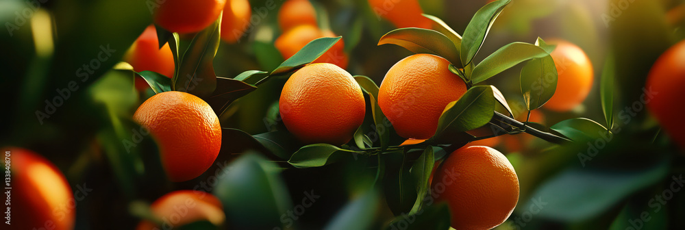 Ripe, juicy oranges fruits background. Ripe oranges, mandarins, tangerines on tree with sunny blurred background.