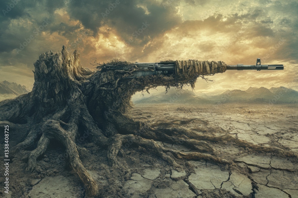 Obraz premium Surreal landscape with tree stump transforming into rifle, barren cracked earth, dramatic sky, concept of war and nature conflict, environmental impact, Earth Day reflection