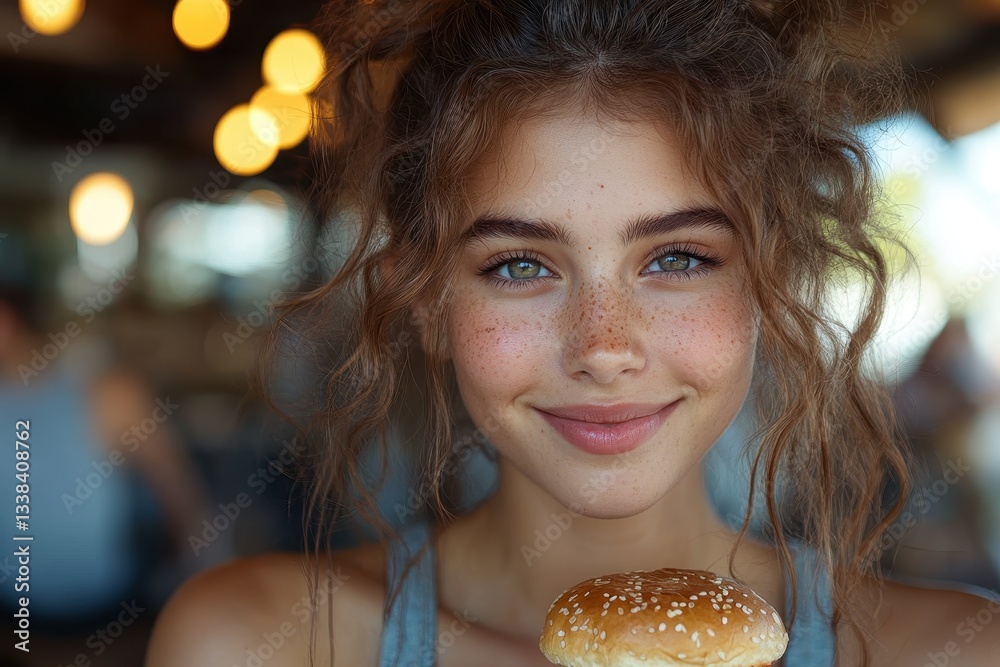 Naklejka premium Young girl with freckles smiling while holding a burger in a cozy dining setting during daylight