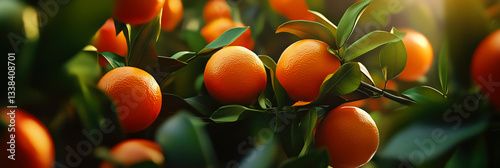 Obraz na płótnie Ripe, juicy oranges fruits background. Ripe oranges, mandarins, tangerines on tree with sunny blurred background. w salonie